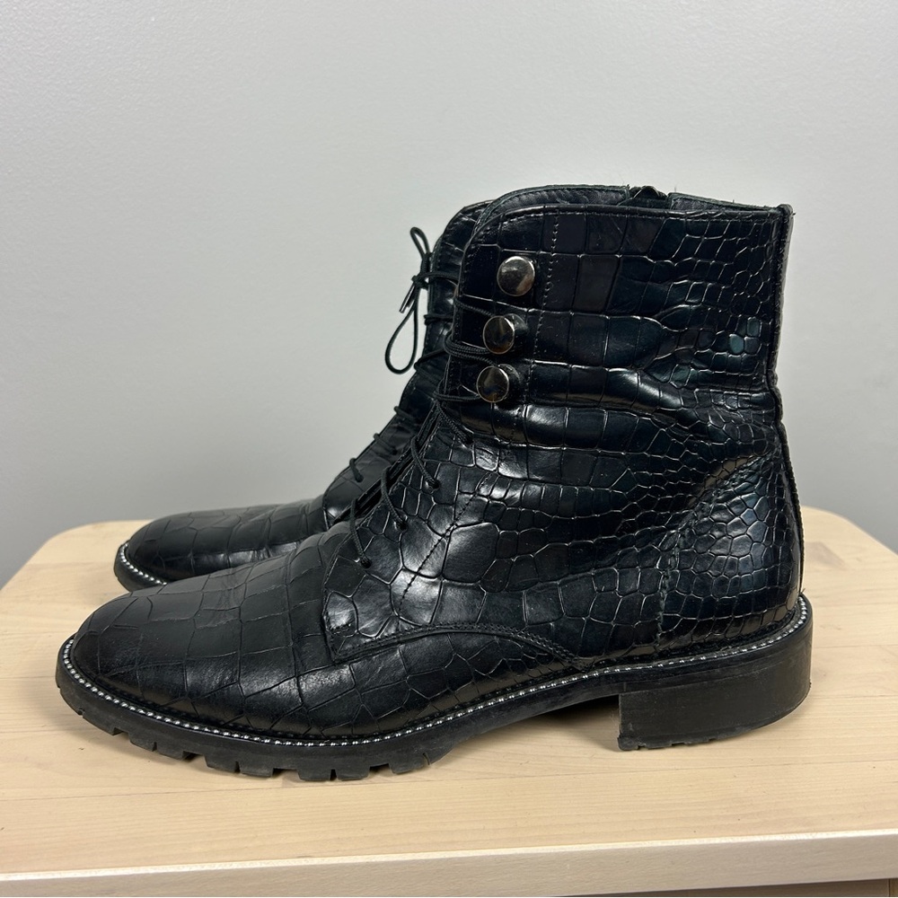 PERTINI Black Croc Embossed Leather Combat Boot Size 9/39 Lace Up‎